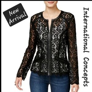 Black Lace Women's Jacket with Black Faux Leather trim. Size XS